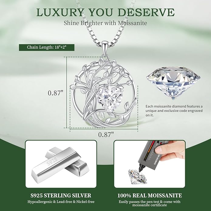 Moissanite Heart Necklaces for Women, 18K White Gold Plated 925 Sterling Silver 1-3CT Moissanite Pendant Jewelry Wedding Anniversary Birthday Christmas Gifts for Wife Mom Girlfriend Sister Grandma