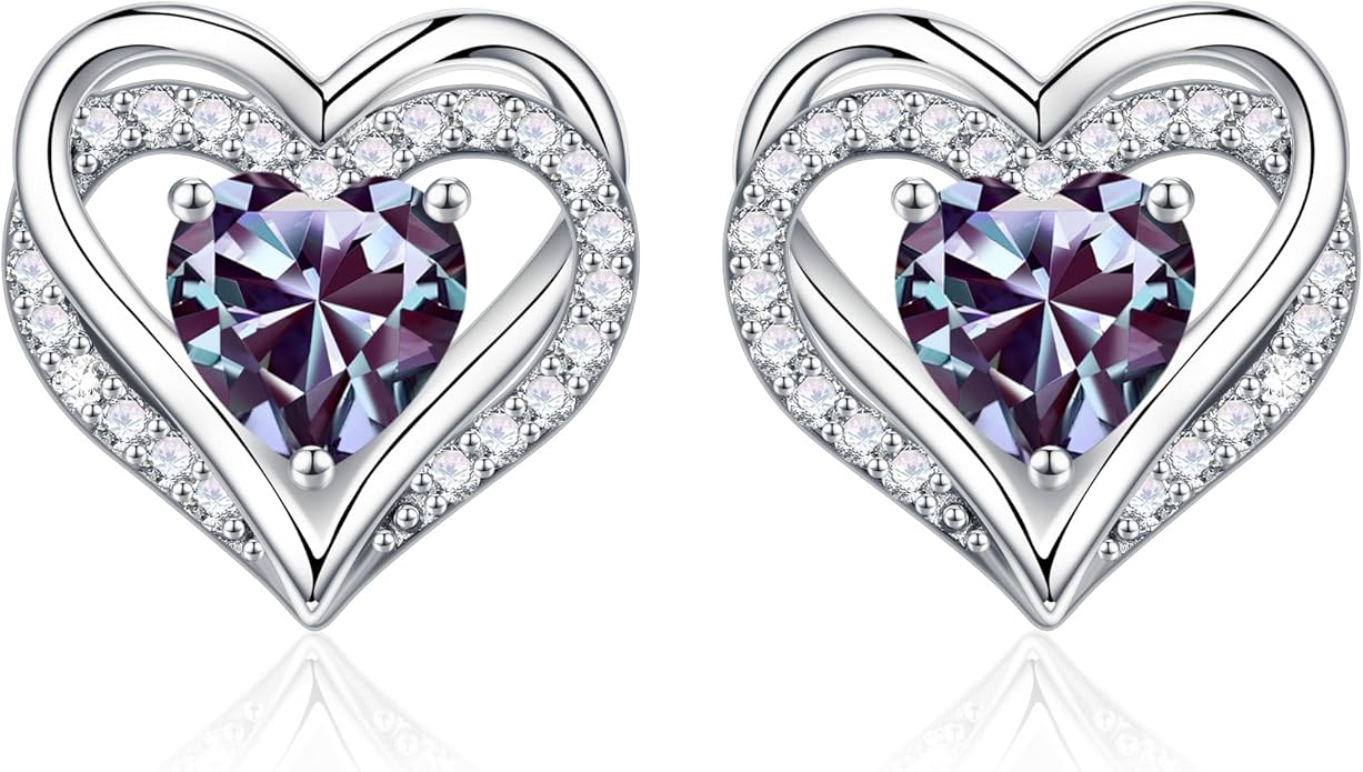 Iefil Birthstone Earrings for Women, 925 Sterling Silver Heart Stud Earrings Birthday Gifts for Women