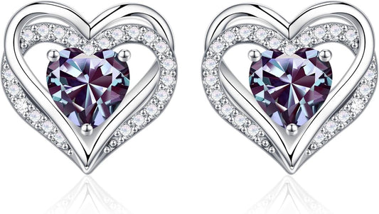 Iefil Birthstone Earrings for Women, 925 Sterling Silver Heart Stud Earrings Birthday Gifts for Women