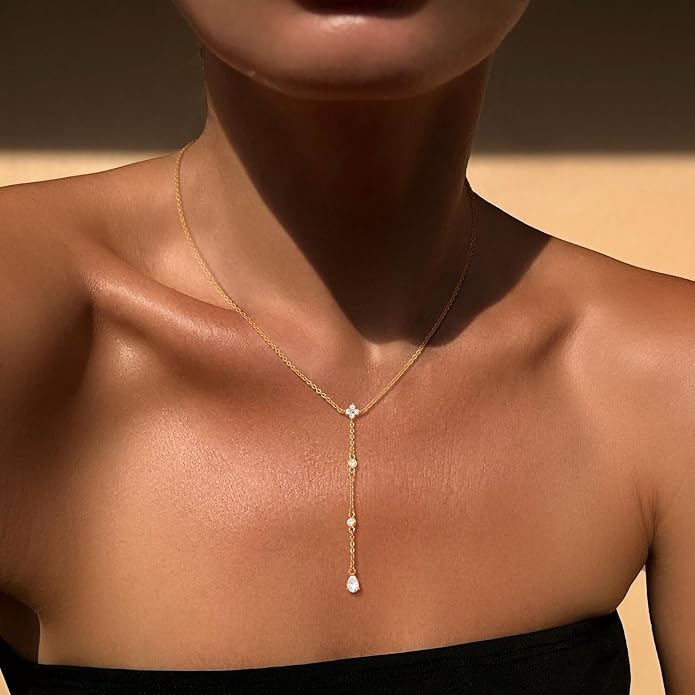 CHESKY Lariat Gold Necklace for Women Trendy, Dainty Long Necklace 14k Gold Plated/Silver Y-Shaped Pendant Necklace Layered Cz Beaded Chain Drop Necklaces Simple Gold Jewelry For Women Gift