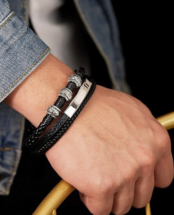 Italian Handmade Genuine Leather Bracelets for Men Stainless Steel Clip, Men's Casual Genuine Multi-layer Cuff Bracelet, Bracelet Gift for Real Men