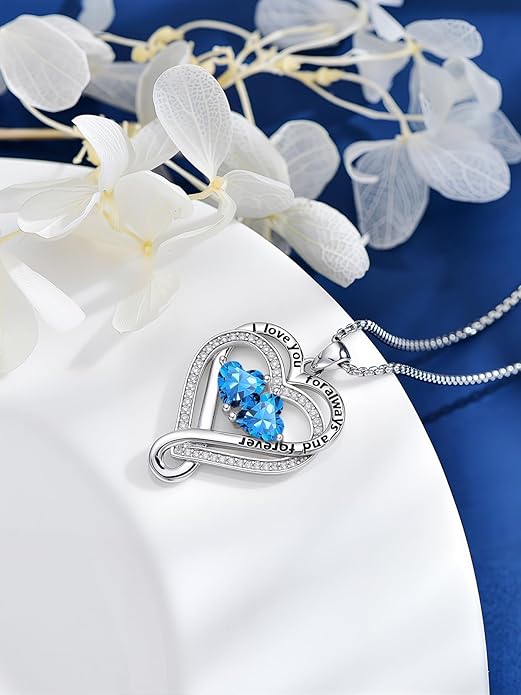 I Love You for Awlays and Forever Double Heart Necklace with Birthstone, 2 Birth Stone Jewelry Anniversary Valentines Mothers Day Christmas Birthday Gifts for Women Her Wife Girlfriend Mom Mother