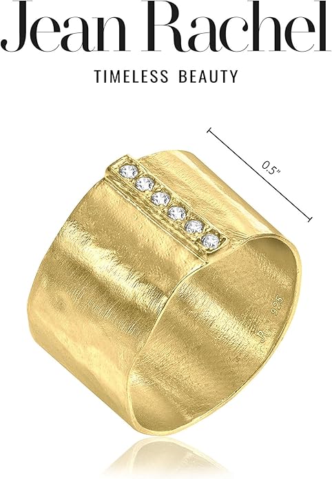 JEAN RACHEL JEWELRY 14K Gold Plated Sterling Silver Ring with 0.18 TCW Cubic Zirconia - Wide Band Hammered Vintage Design - Hypoallergenic, Lead & Nickel Free Jewelry Statement Rings for Women