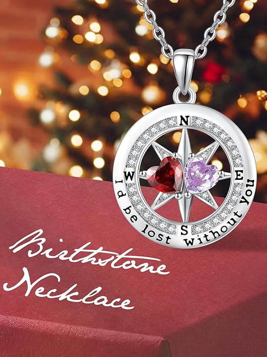 Compass Birthstones Necklace for Women, Exquisite Anniversary Birthday Gifts for Wife Her Double Birthstone Pendant jewelry ‘I'd be Lost Without You’