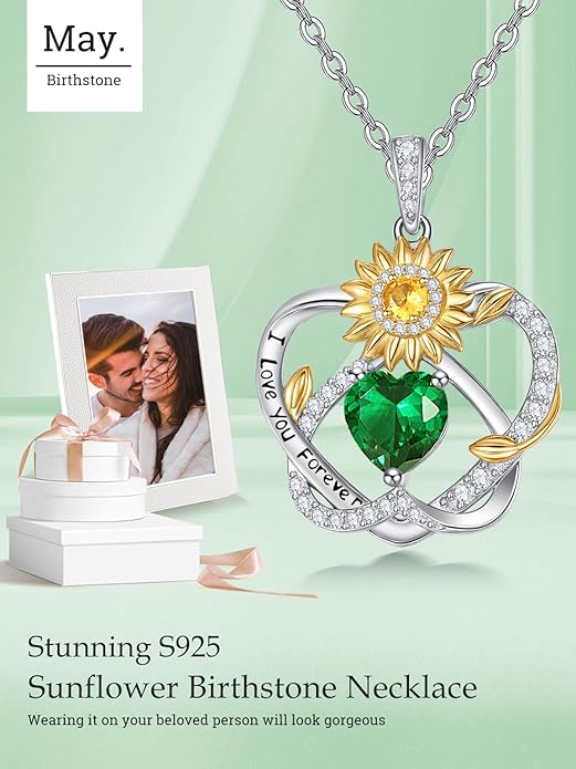 Zeuslia Double Birthstone Necklace Gifts for Wife - 925 Sterling Silver Sunflower/Rose/Crown Cross/Compass/Heart Pendant I Love You Necklace, Anniversary Birthday Gifts for Wife Girlfriend Mom Her