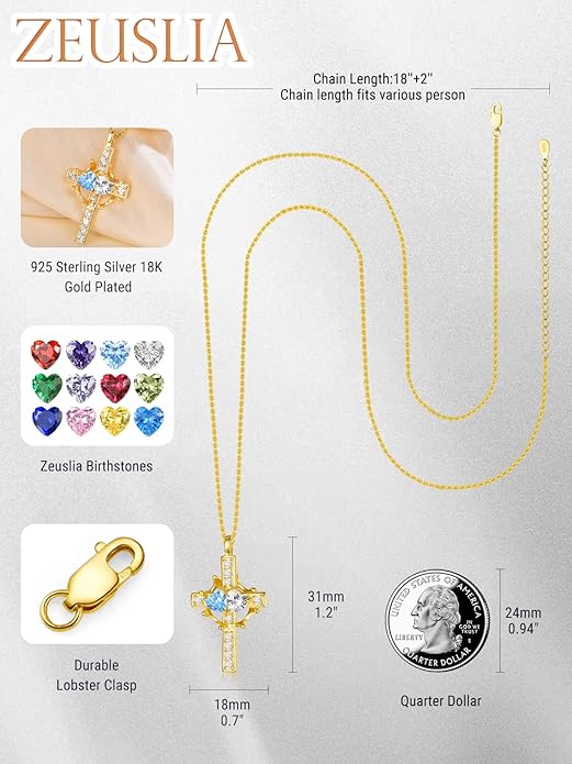 Zeuslia Double Birthstone Necklace Gifts for Wife - 925 Sterling Silver Sunflower/Rose/Crown Cross/Compass/Heart Pendant I Love You Necklace, Anniversary Birthday Gifts for Wife Girlfriend Mom Her
