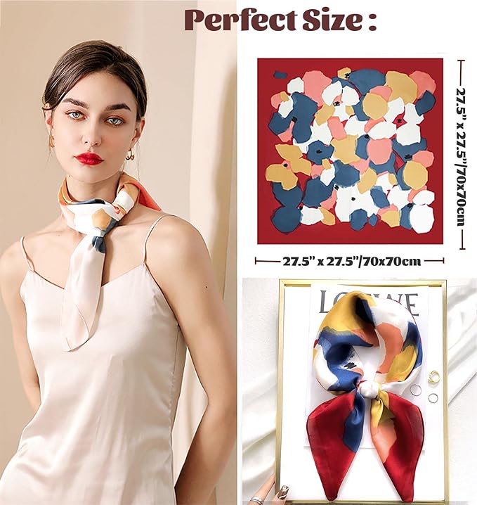 kcctoo 27.5" Mulberry Silk Feeling Head Scarf Women's Fashion Square Neck Satin Scarfs for Bag Hair Scarves Gift