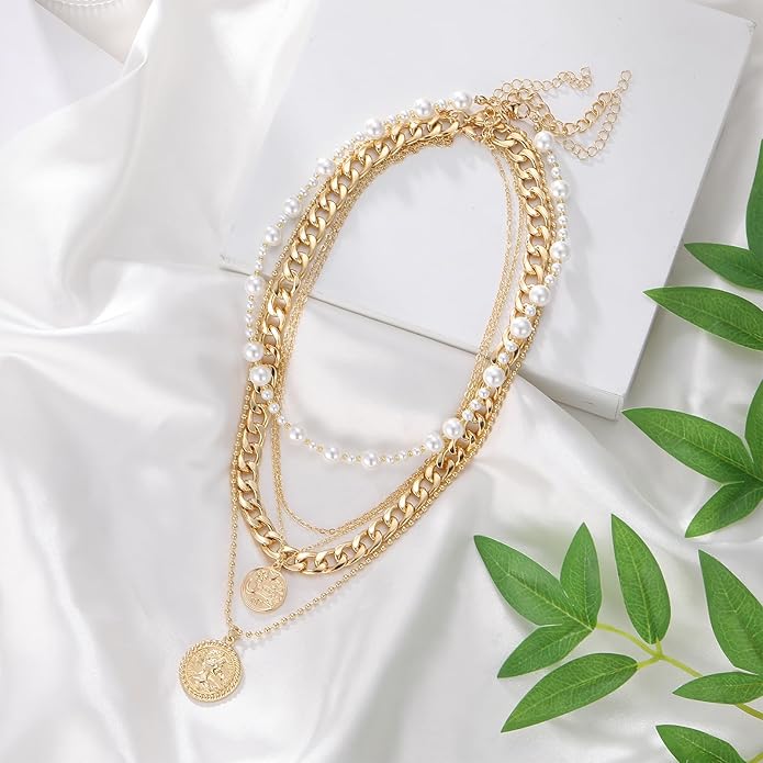 MJartoria Layered Necklaces for Women Trendy Retro Coin Pendant Necklace Dainty Chunky Chain Choker Necklaces for Jewelry Birthday Gifts
