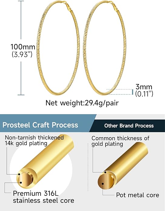 PROSTEEL 30/40/60/80/100mm Chunky Hoop Earrings For Women Gold Plated/Black Stainless Steel Hoops Earrings Statement Jewelry