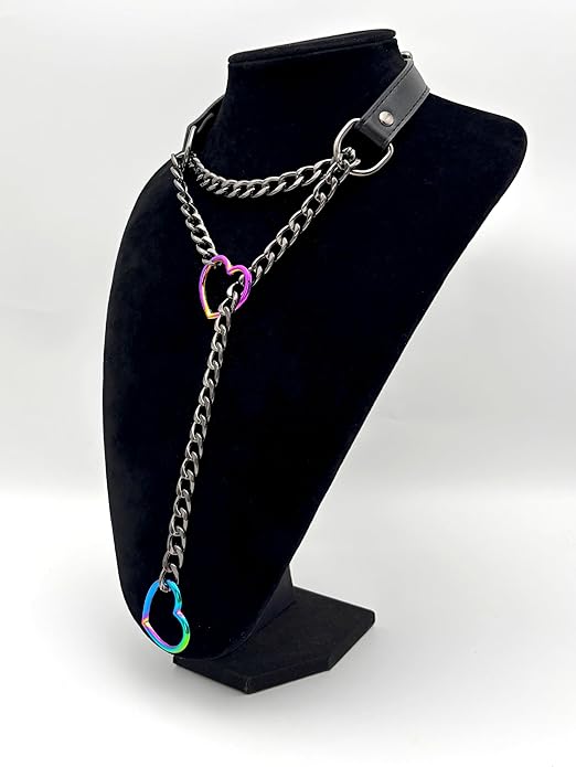 Black Leather Choker Collar For Women, Handmade Heart Slip Chain Choker Long Necklace with Adjustable Buckle
