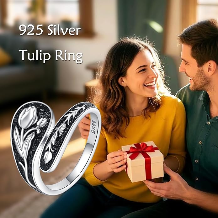 925 Sterling Silver Tulip/Dragonfly Ring for Women Flower Ring Vintage Jewerly Gift for Women