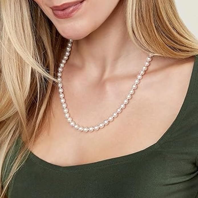 The Pearl Source 14K Gold AAA Quality Round White Freshwater Cultured Pearl Necklace for Women in 20" Matinee Length