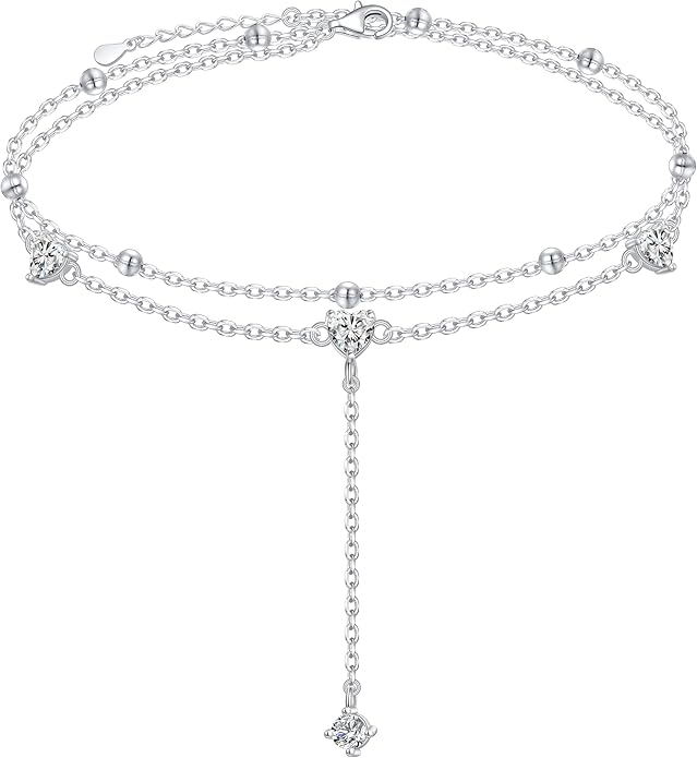 925 Sterling Silver Ankle Bracelet for Women Heart Multilayer Anklets Dainty Beaded Chain Adjustable 9+1 Inches for Summer Cute Beach Foot Jewelry