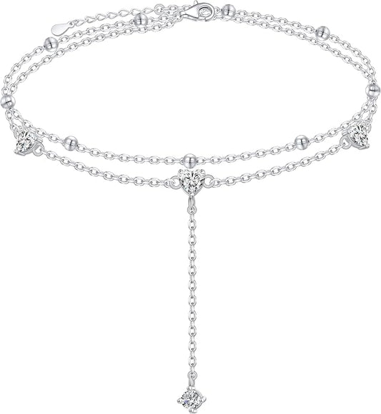 925 Sterling Silver Ankle Bracelet for Women Heart Multilayer Anklets Dainty Beaded Chain Adjustable 9+1 Inches for Summer Cute Beach Foot Jewelry