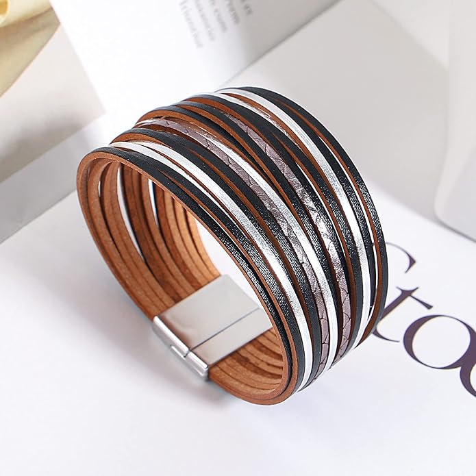 hotoo Handmade Layered Leather Bracelets Wrap for Women Stackable Chunky Colored Men Cuff Bracelet Wristband Bangle Gifts