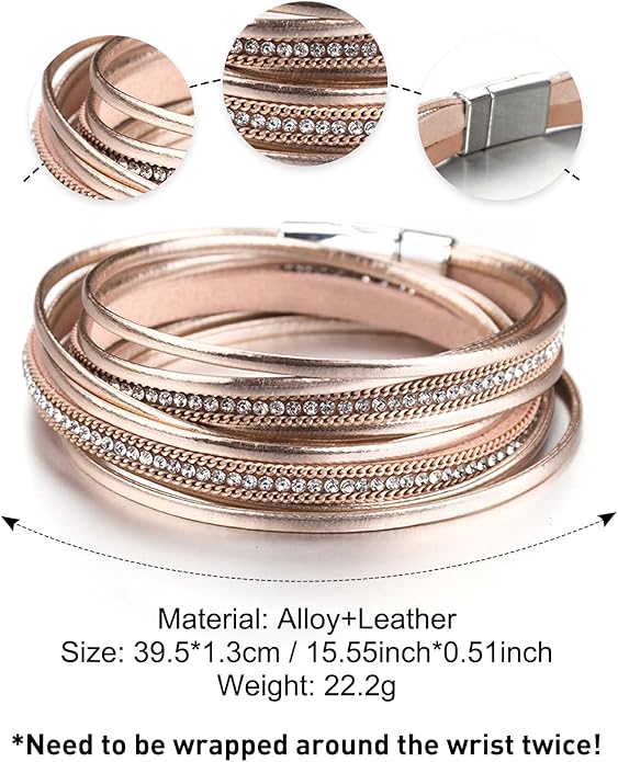 Fesciory Leather Wrap Bracelets for Women, Boho Leopard Multi-Layer Crystal Beads Cuff Bracelet Jewelry