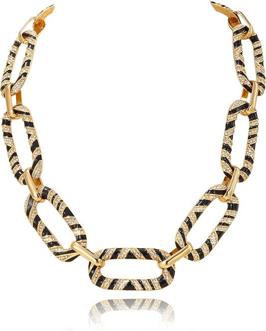 Chunky Chain Necklace Geometric Links Collar Necklace, Animal Prints Black and White Enamelled with Rhinestone Embellished Details Women Gifts