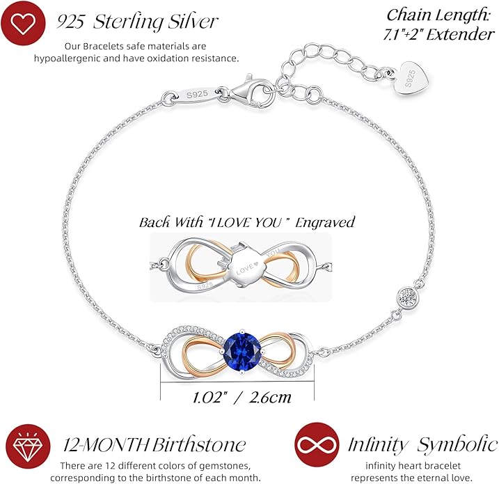 LOUISA SECRET Rose Gold Infinity Heart Bracelet for Women, Adjustable Chain 925 Sterling Silver Link Birthstone Bracelets, Best Anniversary Birthday Jewelry Gifts for Women Mom Wife Her
