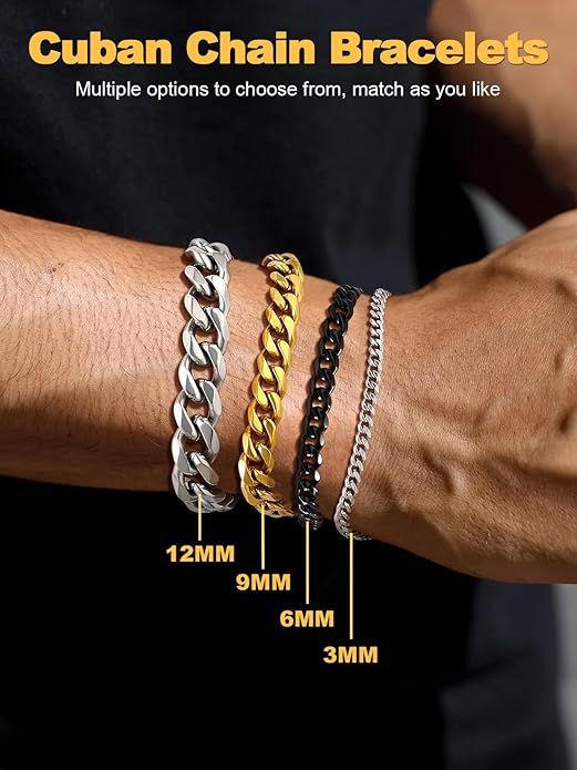 U7 Link Bracelets for Men, Cuban Link/Rope/Watch Band Solid Bracelet, Silver Black Gold Color Wrist Bracelet 3/6/9/12/15mm Width, 6.5/7.5/8.3 Inch Length, Hand Chain Jewelry for Mens Women