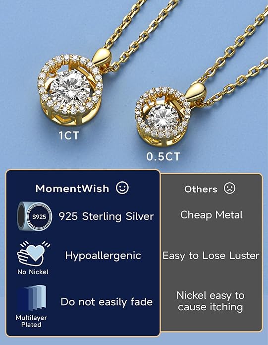 MomentWish Floating Necklace for Women, 0.5/1 Carat Dancing Moissanite Necklace for Her 925 Sterling Silver Pendant Anniversary Birthday Christmas Gift for Wife Mom Girlfriend
