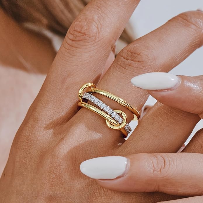 AllenCOCO 14K Gold Plated Stackable Rings, 3 Ring Set with CZ Cubic Zirconia, Gold & Silver Stacked, Multi-Link Connected Interlocking Band for Women Statement Hypoallergenic Upgraded Craft