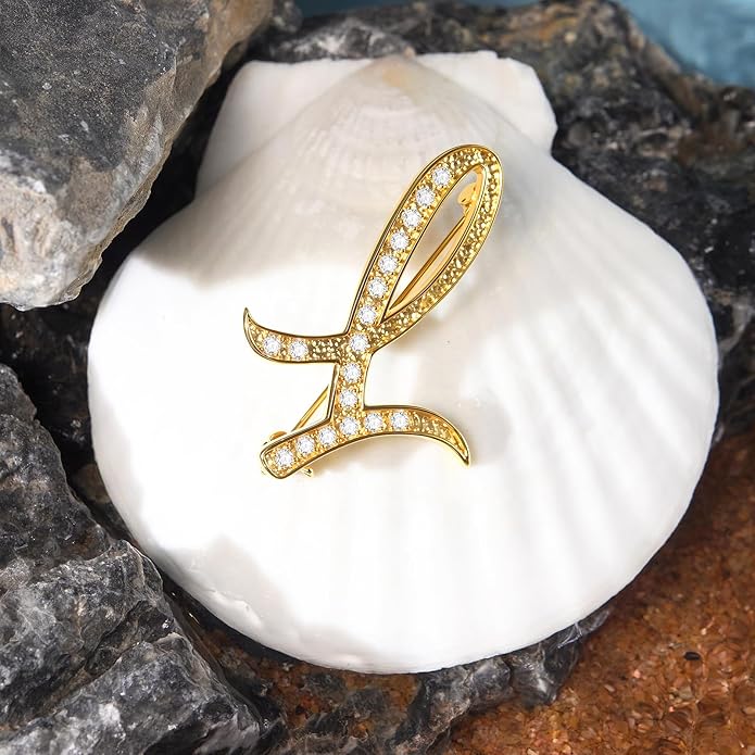 Cicy Bell A-Z Initial 26 Letter Brooch Pins 18k Gold Plated Cubic Zirconia Breastpin Name Personalized Gifts for Women Men