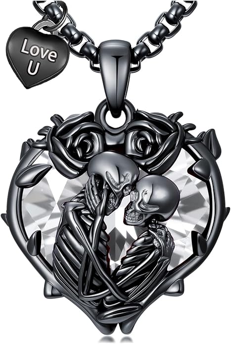 Flpruy 925 Sterling Silver Black Gothic Jewelry Gifts Skeleton Couple Pendant Crystal Birthstone Heart Necklace Punk Romantic Jewelry for Lover Men Women