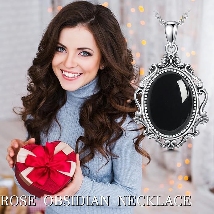 PELOVNY Rose Necklace 925 Sterling Silver Moonstone Turquoise Obsidian Necklace Victorian Cameo Rose Vintage Western Jewelry Christmas Valentines Day Gifts for Women