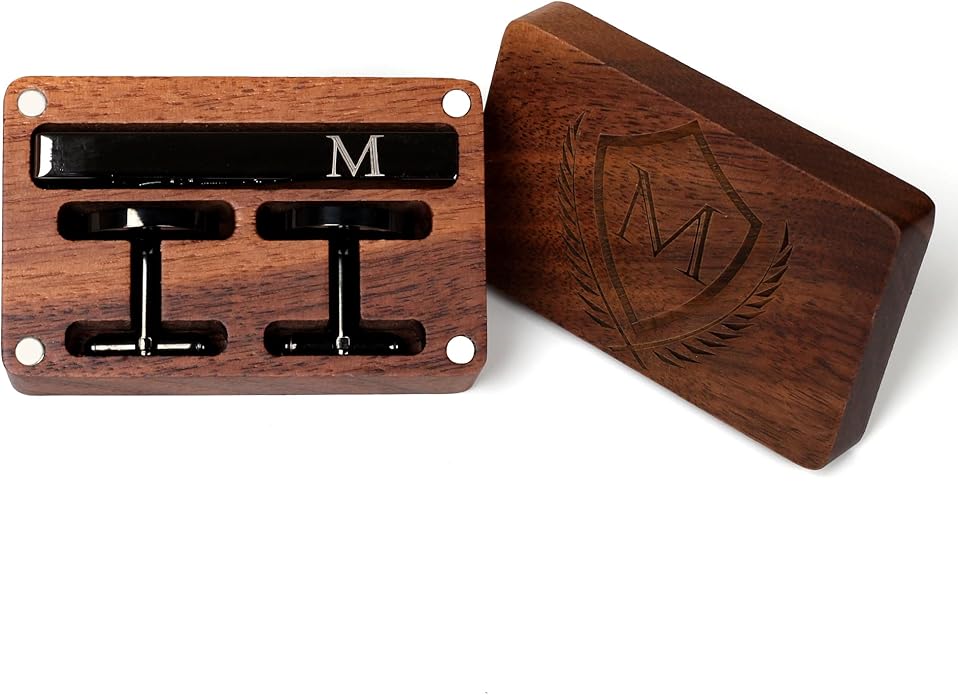Mens Initial Cufflinks and Tie Clip A-Z Alphabet Letter Black Stainless Cuff Links Tie Bar with Engraved Walnut Wood Box Groom Groomsman Wedding Set