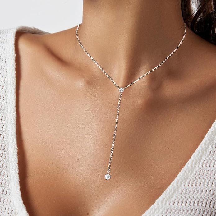 Luxval Lariat Silver Necklace for Women, Dainty Long Necklace Silver Y-Shaped Pendant Necklaces Trendy Beaded Chain Drop Necklaces Jewelry for Women Gifts