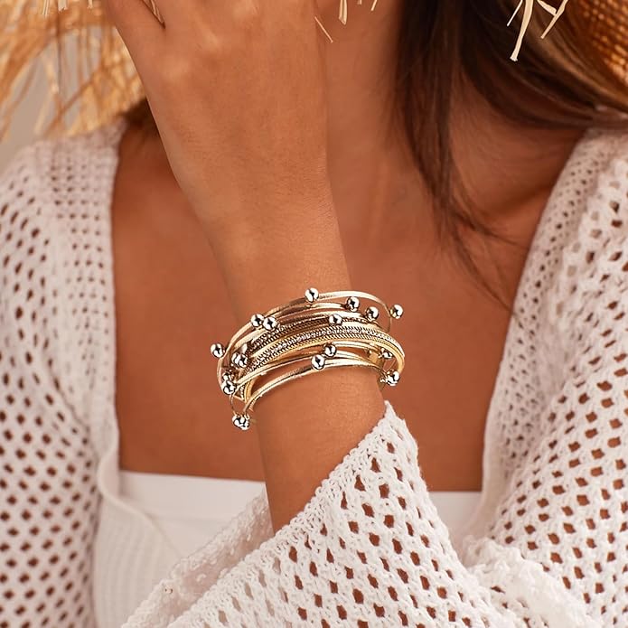 ENGCKSHI Wrapped Bracelets for Women,Leather Bracelet,Boho Bracelets for Women,Multi-Layer Pearl Crystal Bracelet Bangle Jewelry
