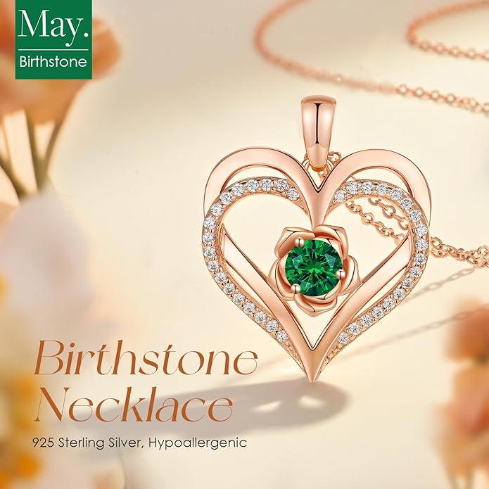 CDE Christmas Gifts for Women S925 Silver Rose Gold Heart Birthstone Necklaces for Women，Ideal Anniversary or Birthday Jewelry Gifts for Wife Girlfriend Her