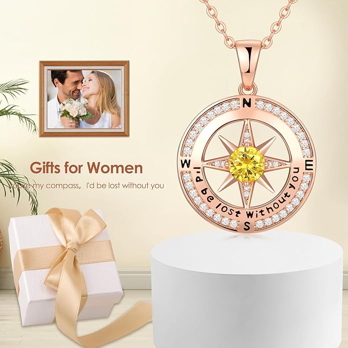Zifeel Compass Necklace Gifts for Women wife - S925 Sterling Silver Birthstone Necklaces for Women - Anniversary Birthday Gifts for Her Wife Girlfriend - Valentines Mom Mothers Day Christmas Gifts Jewelry for Women