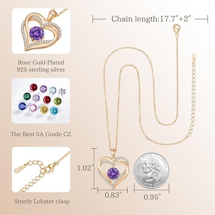 LOUISA SECRET Love Heart Birthstone Necklaces for Women, Birthday Gift for Girlfriend, Anniversary Jewelry Gift for Wife Her, 925 Sterling Silver Women Pendant Necklace, Mother's Day Christams Gift
