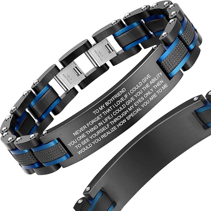 Holizaly Men's Stainless Steel Two Tone Square Link Bracelet, Black and Blue Ion Plated Black
