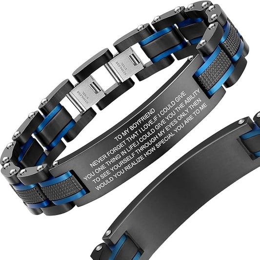 Holizaly Men's Stainless Steel Two Tone Square Link Bracelet, Black and Blue Ion Plated Black