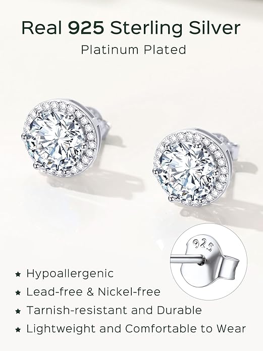 ChicSilver 925 Sterling Silver Birthstone Earrings for Women, 8MM/2 Carat Heart & Round Cubic Zirconia Stud Earrings, Hypoallergenic Jewelry, Ideal Birthday or Christmas Gifts