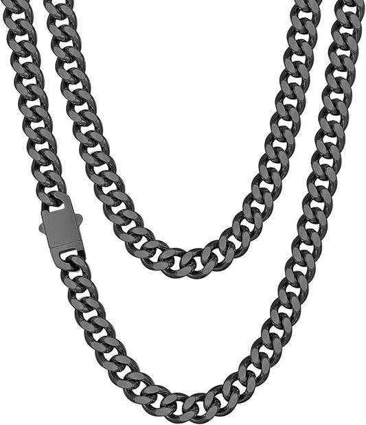 Fiusem Valentines Day Gifts for Him Silver Tone/Black/14K Gold Plated Chain Necklace for Men, 5mm/6mm/7.5mm/8mm/9mm Stainless Steel Cuban Link Chain Necklace, Men's Chains 18-28 Inch Jewelry Gifts