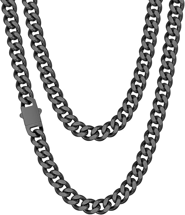 Fiusem Valentines Day Gifts for Him Silver Tone/Black/14K Gold Plated Chain Necklace for Men, 5mm/6mm/7.5mm/8mm/9mm Stainless Steel Cuban Link Chain Necklace, Men's Chains 18-28 Inch Jewelry Gifts