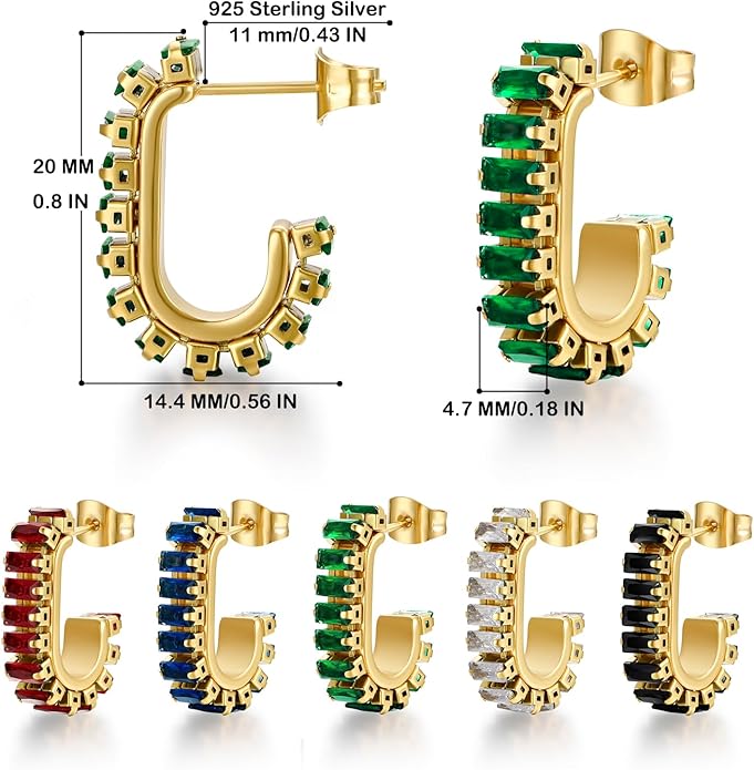 Green Crystal huggie gold hoop earrings for women Girls,14K Gold Plated with 925 Sterling Silver Post color Cubic Zirconia dainty cute Earrings| CZ Stud Earring
