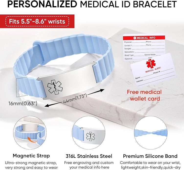 Comfortable Medical ID Bracelet for Men & Women - Custom Engraved Silicone Strap Comfort Fit Medical Alert Bracelets for Sports,Adjustable Waterproof Customizable Wristband for Diabetic