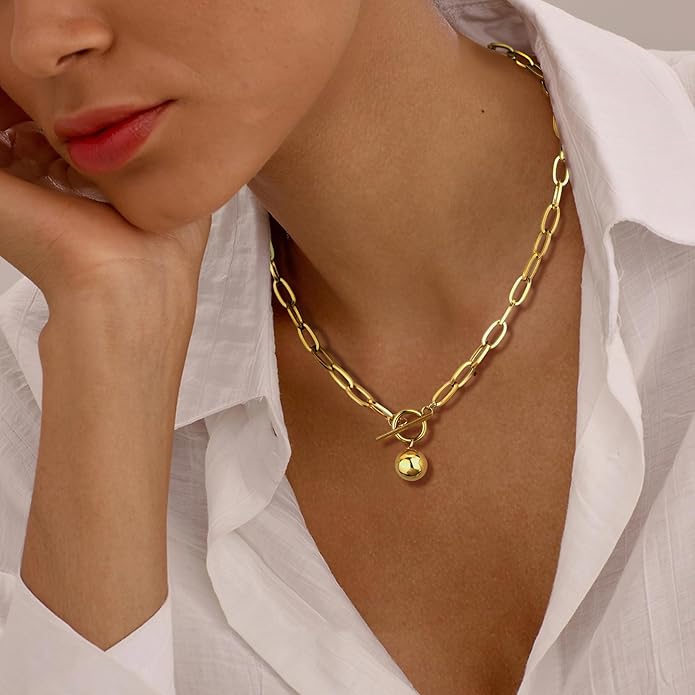 Chunky Gold Necklace for Women, 18K Waterproof Heart Necklace Statement Necklace Gold Charm Necklace Chunky Jewelry Paperclip Chain Choker Gift for Women