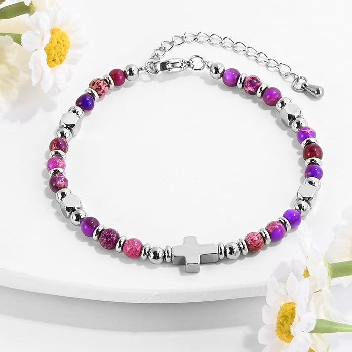 VIBILIA Cross Beaded Bracelets for Women, Inspirational Natural Heart Religious Bracelets for Women, Birthday Christian Gifts for Women on Thanksgiving Christmas Gifts