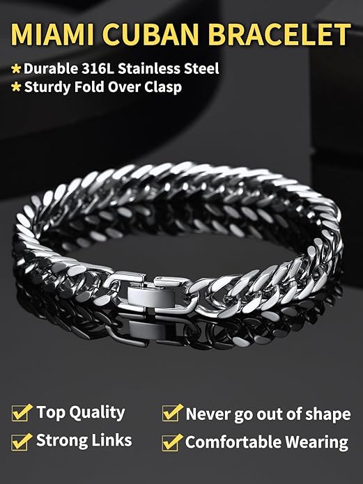 ChainsHouse Stainless Steel Cuban Link Bracelet, 8mm/12mm/17mm Width, 7.5"/8.3"/9", 18K Gold Plated Chain Wrist Bracelets for Men Women, Send Gift Box