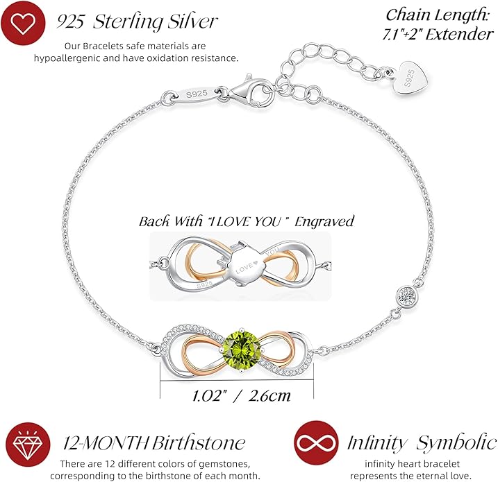 LOUISA SECRET Rose Gold Infinity Heart Bracelet for Women, Adjustable Chain 925 Sterling Silver Link Birthstone Bracelets, Best Anniversary Birthday Jewelry Gifts for Women Mom Wife Her