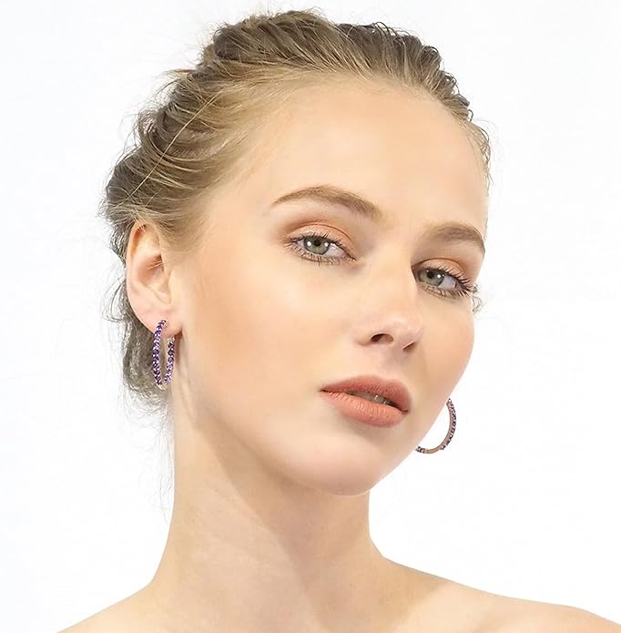 Hoop Earrings with 40 Colored Gemstones, Birthstone Earrings, 925 Sterling Silver Rhodium Plated, Push Back Closure, 1.18'