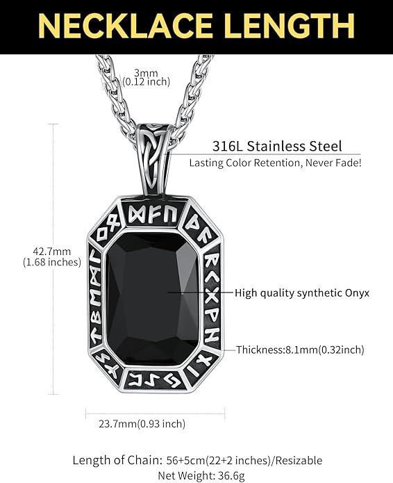 ChainsHouse Viking Rune Pendant Necklace for Men Women, Punk Biker Black Metal/316L Stainless Steel Onyx Norse Vintage Amulet Necklaces with Black/Red/Green/Blue Gemstone, Send Gift Box