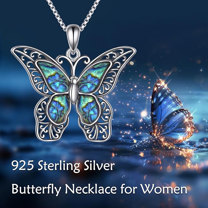 Abalone Filigree Butterfly Necklace Sterling Silver for Women, Mother of Pearl Jewelry Unique Vintage Gift for Christmas or Birthday