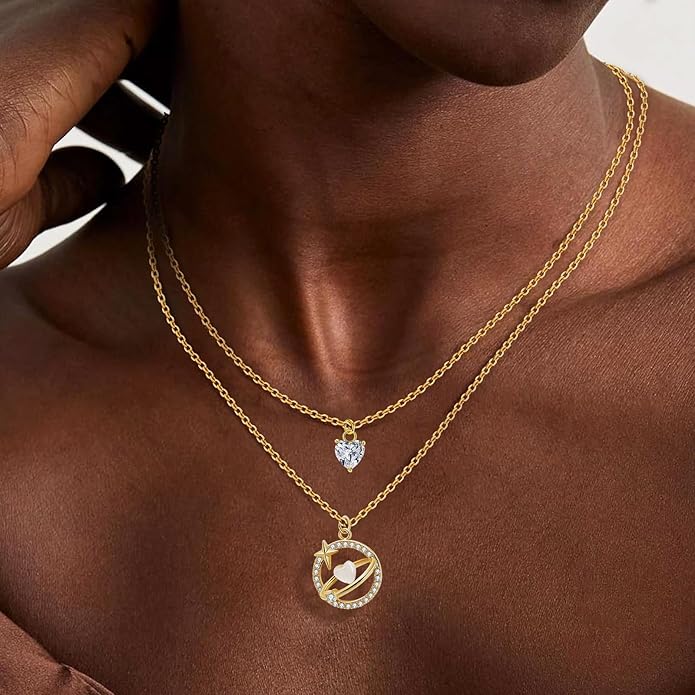 Copper Alloy 14K Gold Plated | 14K Platinum Plated Necklace for Women Double Layer Pendant Necklace Fashionable Multi-Layer Jewelry