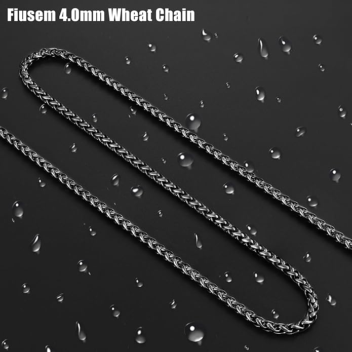 Fiusem Wheat Chains for Men and Women, 2/2.5/3/4/5mm Silver Tone/14K Gold Plated/Black Necklace Chain, Stainless Steel Mens Necklace 16-28 Inch